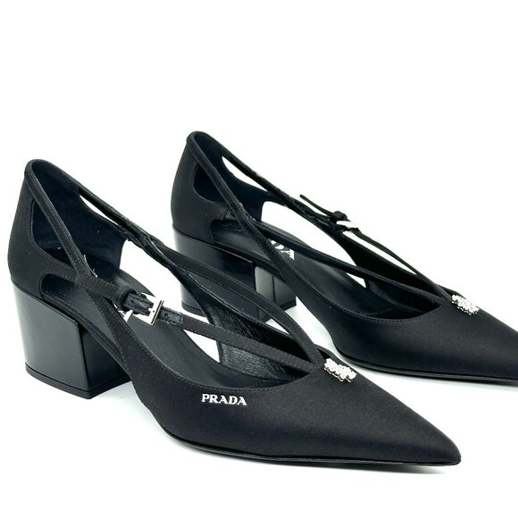PRADA Pointed Toe Cutout Cut Out Block Heel Crystal Satin Leather Pumps - Picture 10 of 16